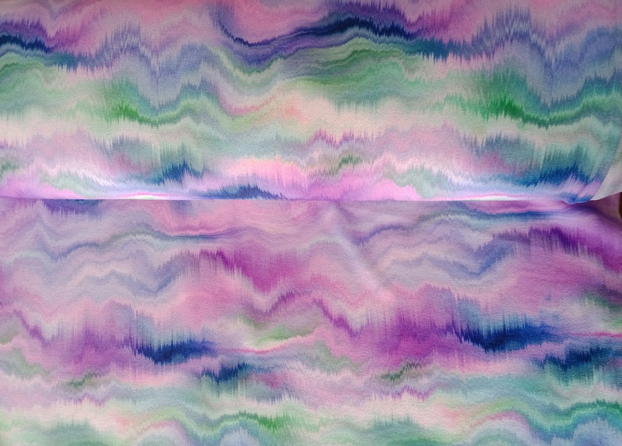 1m x 1,50m Viskose Strick Druck Aquarell Blau, Rosa, Lila, Türkis, Grün Elasthan