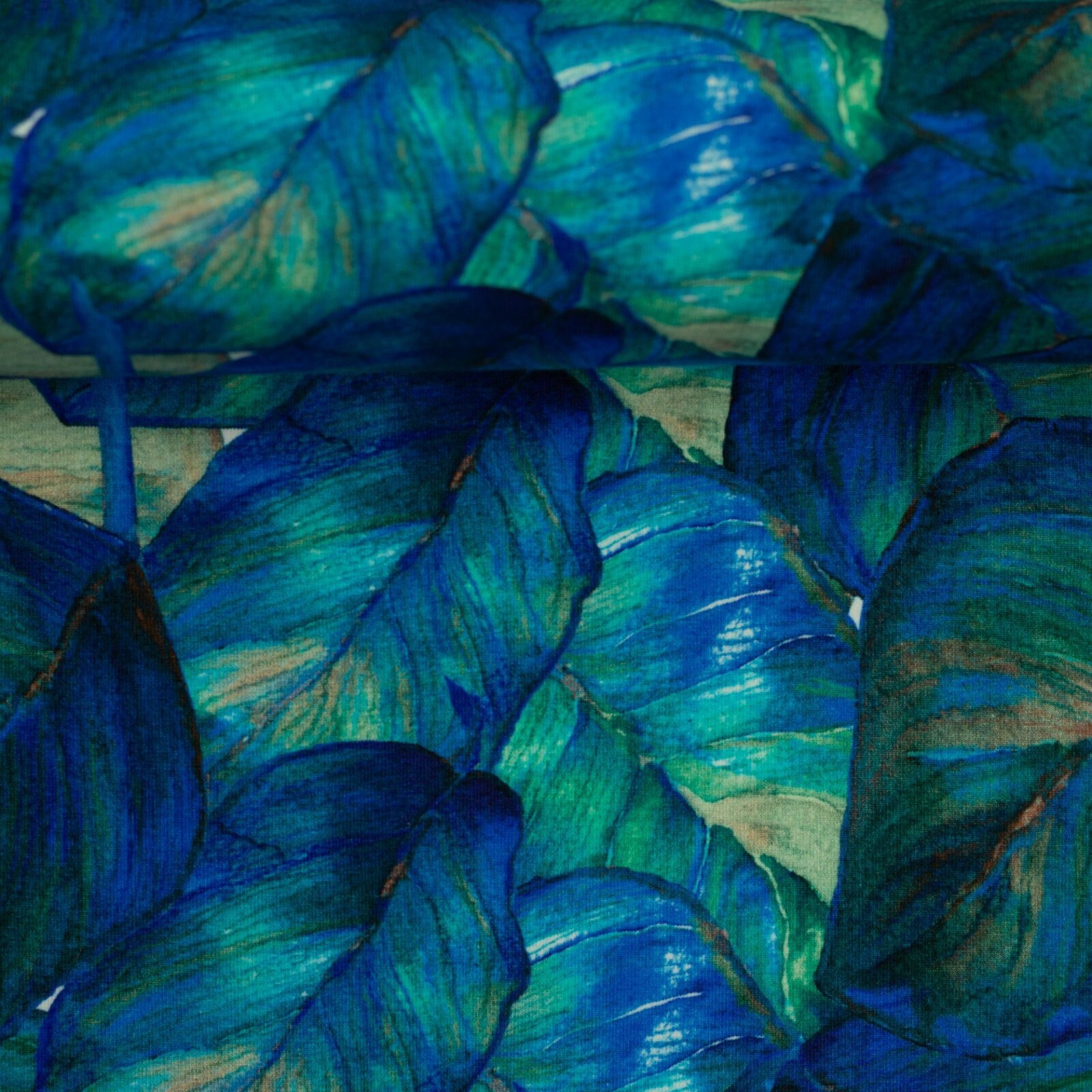 Vorbestellung 1m x 1,50m Baumwoll Jersey Elias Blätter Türkis-Blau