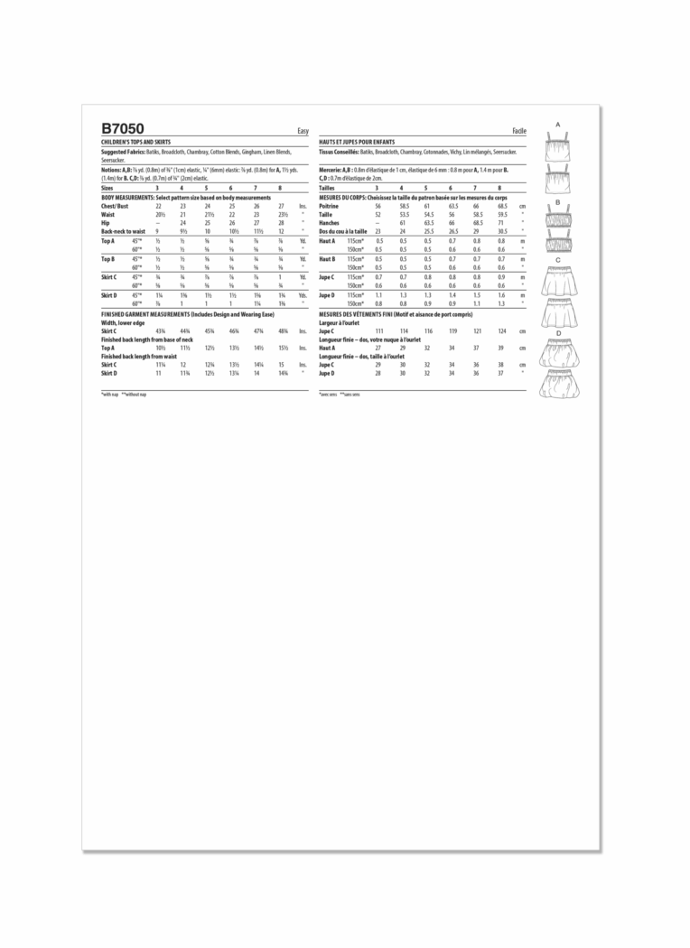 Schnittmuster Rock und Shirt für den Sommer Butterick B7050 A 3-8 (Gr. 98-128) Deutsche Anleitung – Bild 2