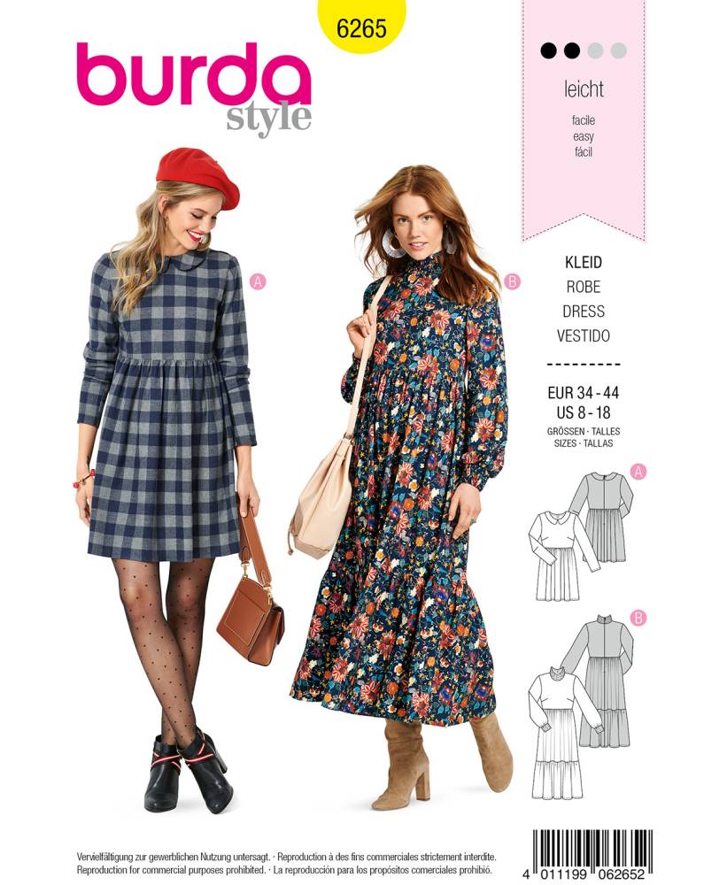 Schnittmuster Kleid Burda 6265 US 8-18 (Gr. 34-44) Deutsche Anleitung