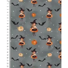 Vorbestellung 1m x 1,50m Cute Halloween Baumwoll Jersey Kleine Hexe Grau