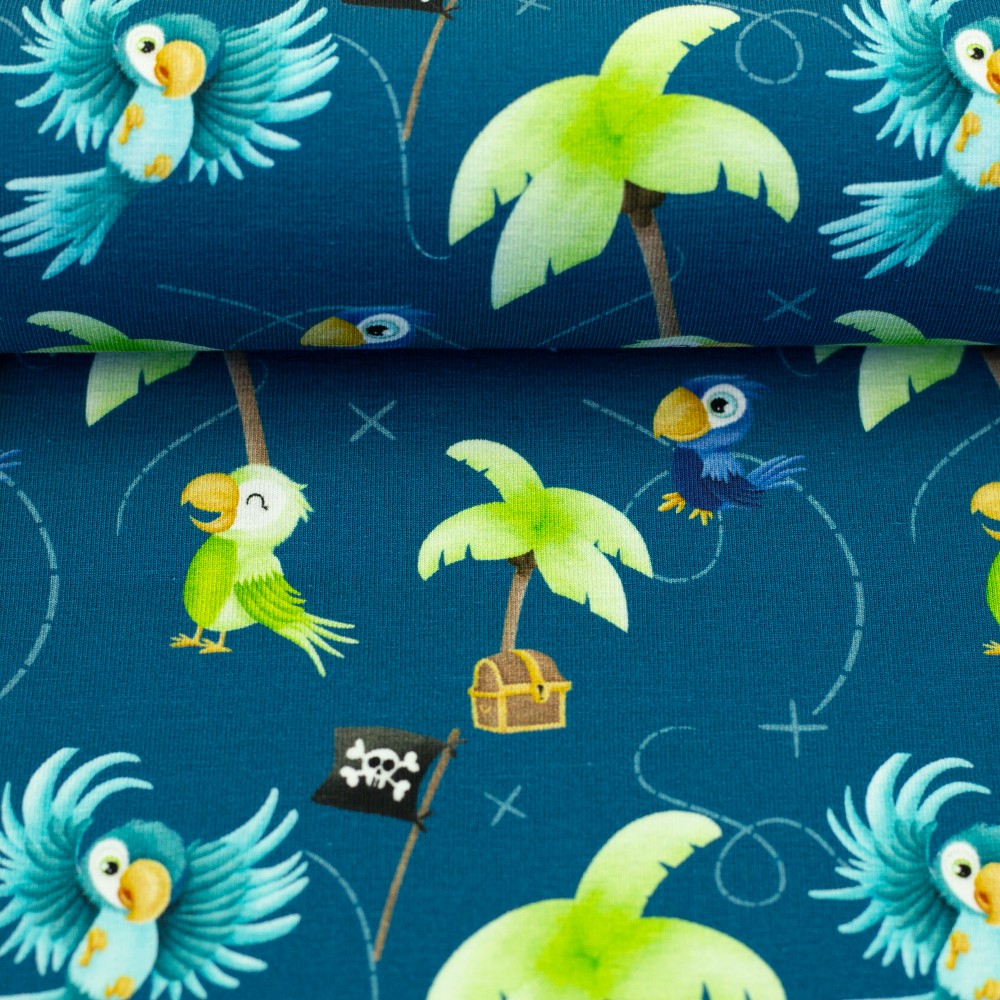 Vorbestellung 1m x 1,50m Baumwoll Jersey Ahoi Piraten, Affen, Papagei - Petrol – Bild 3