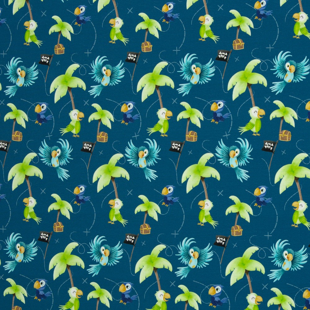Vorbestellung 1m x 1,50m Baumwoll Jersey Ahoi Piraten, Affen, Papagei - Petrol