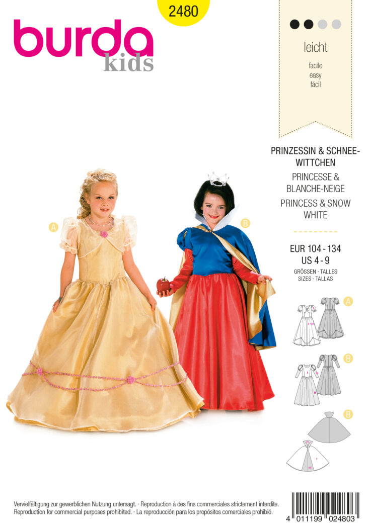 Schnittmuster Prinzessin und Schneewittchen Burda 2480 US 4-9 (Gr. 104-134) Deutsche Anleitung