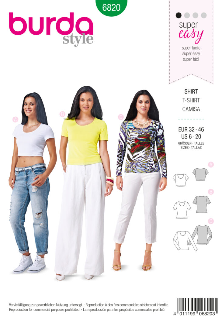 Schnittmuster Shirt Burda 6820 US 6-20 (Gr. 32-46) Deutsche Anleitung