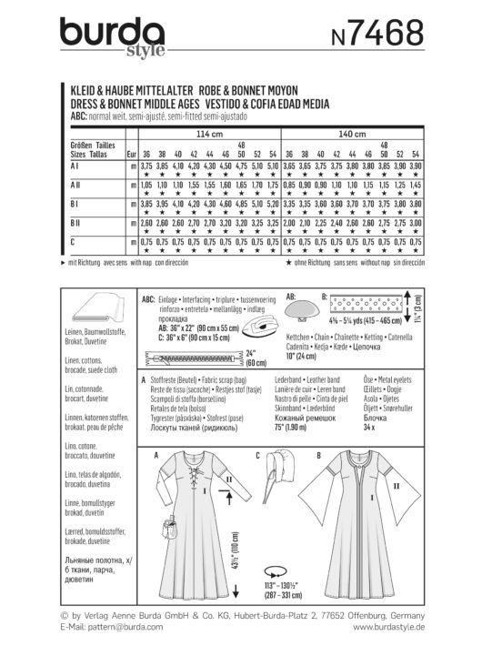 Schnittmuster Kleid & Haube Mittelalter Burda 7468 US 10-28 (Gr. 36-54) Dt. Anl. – Bild 3