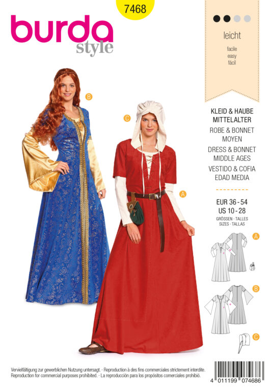 Schnittmuster Kleid & Haube Mittelalter Burda 7468 US 10-28 (Gr. 36-54) Dt. Anl.