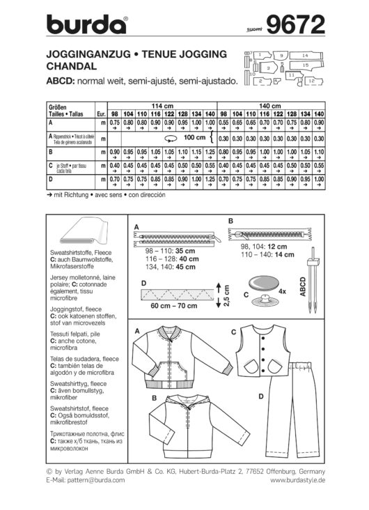 Schnittmuster Jogginganzug Burda 9672 US 3-10 (Gr. 98-140) Deutsche Anleitung – Bild 2