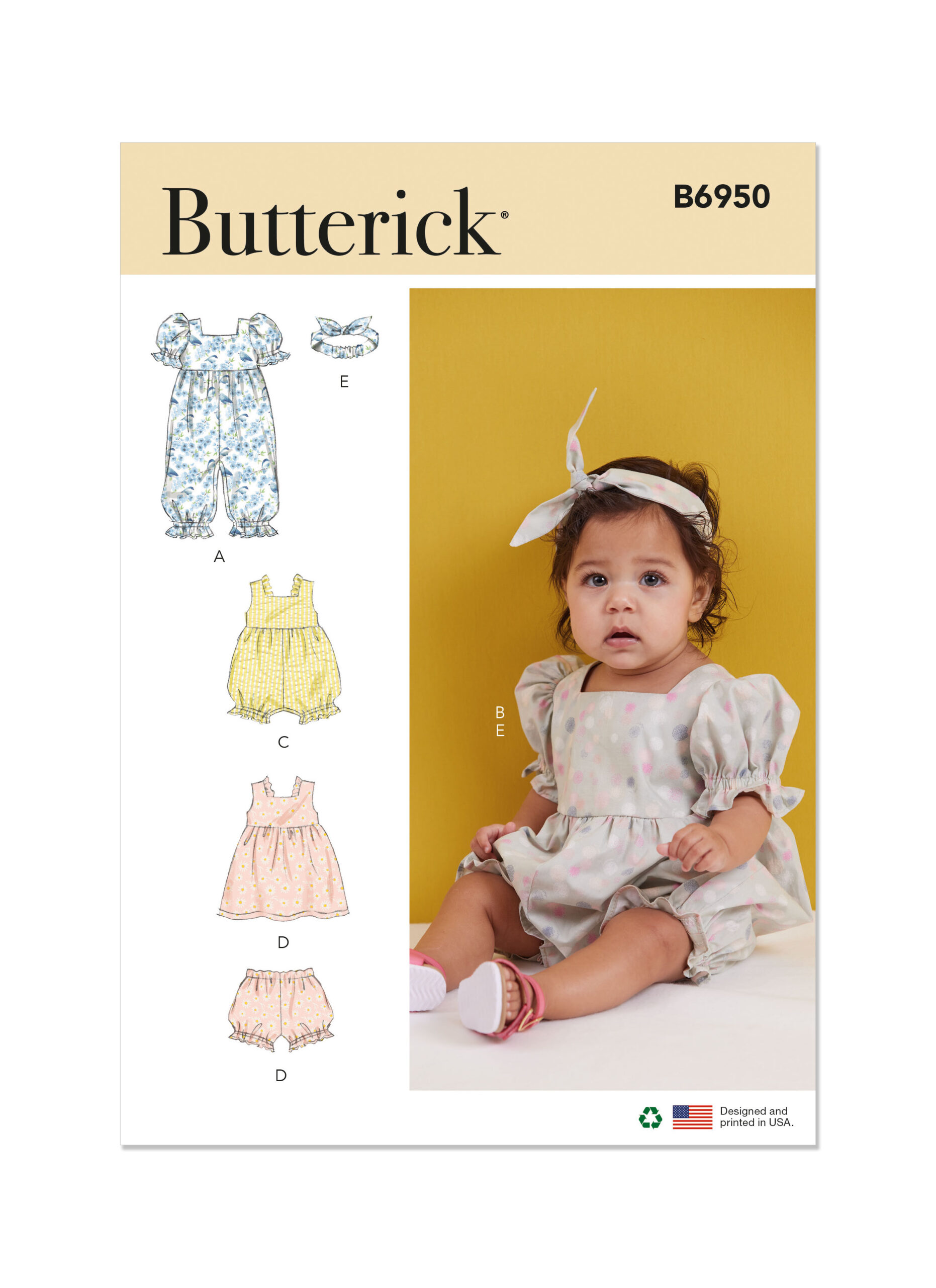 Schnittmuster Babystrampler Butterick B6950 A XS-L (Gr. 43-87) Dt. Anl.