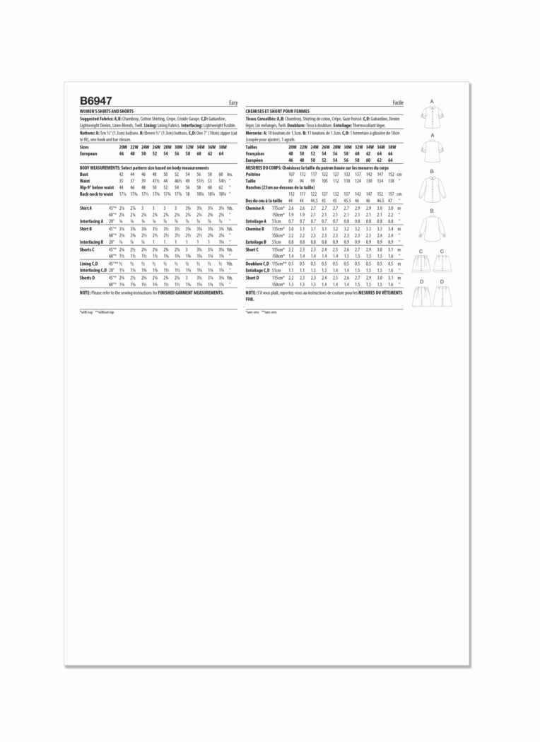 Schnittmuster Hemd und Shorts Butterick B6947 W3 30W-38W (Gr. 56-64) Deutsche Anleitung – Bild 2