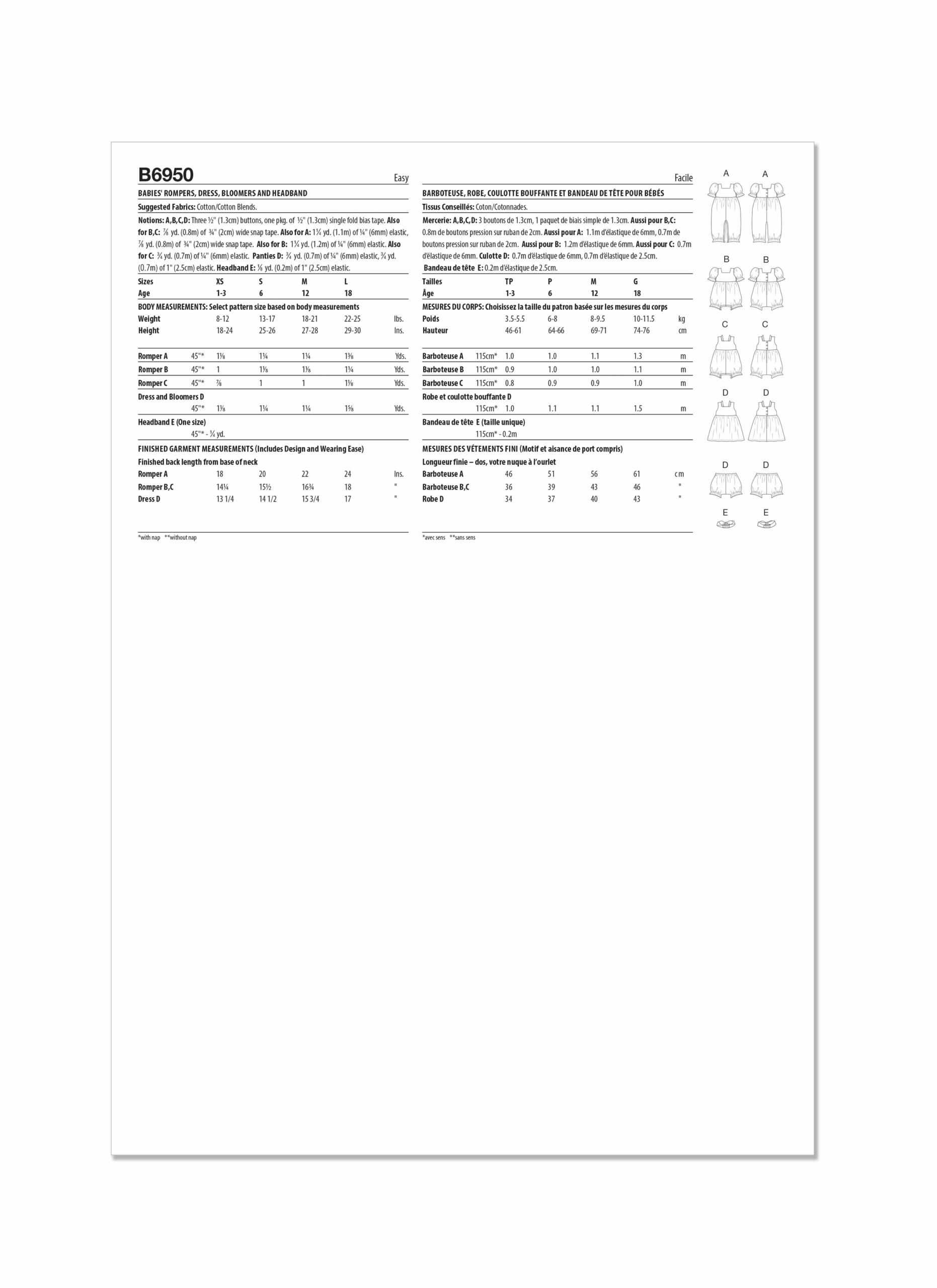 Schnittmuster Babystrampler Butterick B6950 A XS-L (Gr. 43-87) Dt. Anl. – Bild 2