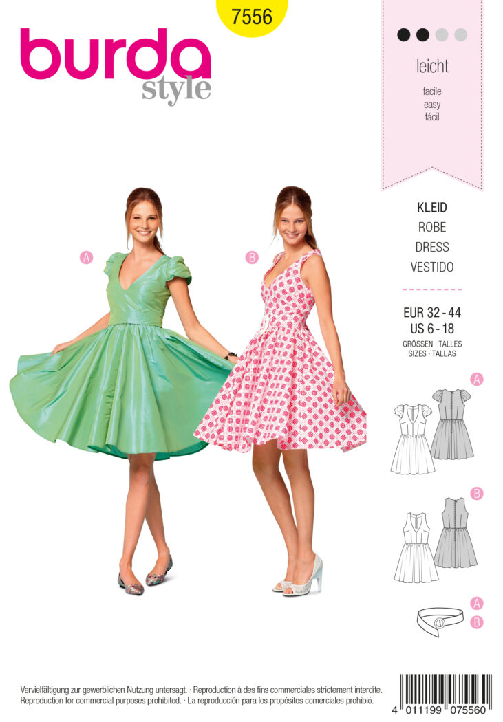 Schnittmuster Kleid 7556 US 6-18 (Gr. 32-44) Deutsche Anleitung