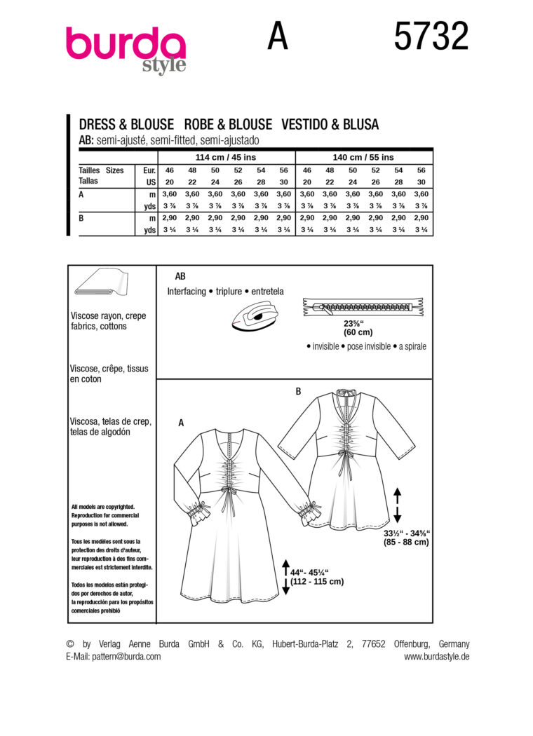Schnittmuster Kleid & Bluse Burda 5732 US 20-30 (Gr. 46-56) Deutsche Anleitung – Bild 2