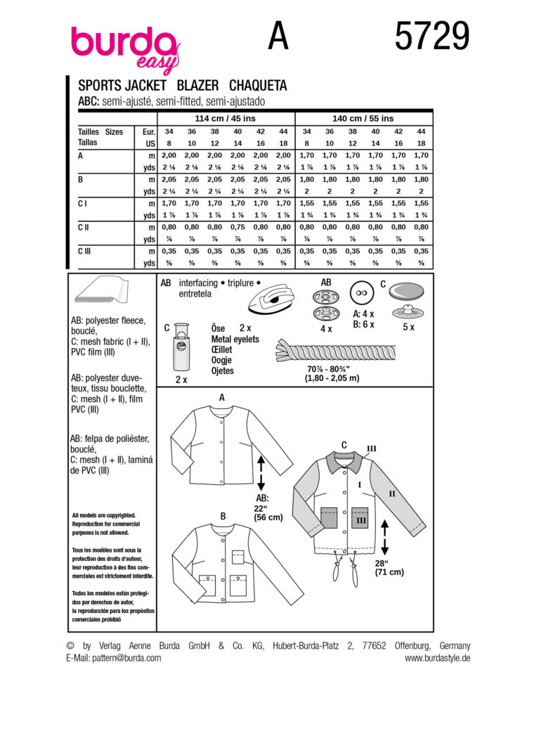 Schnittmuster Blazer Burda 5729 US 8-18 (Gr. 34-44) Deutsche Anleitung – Bild 2